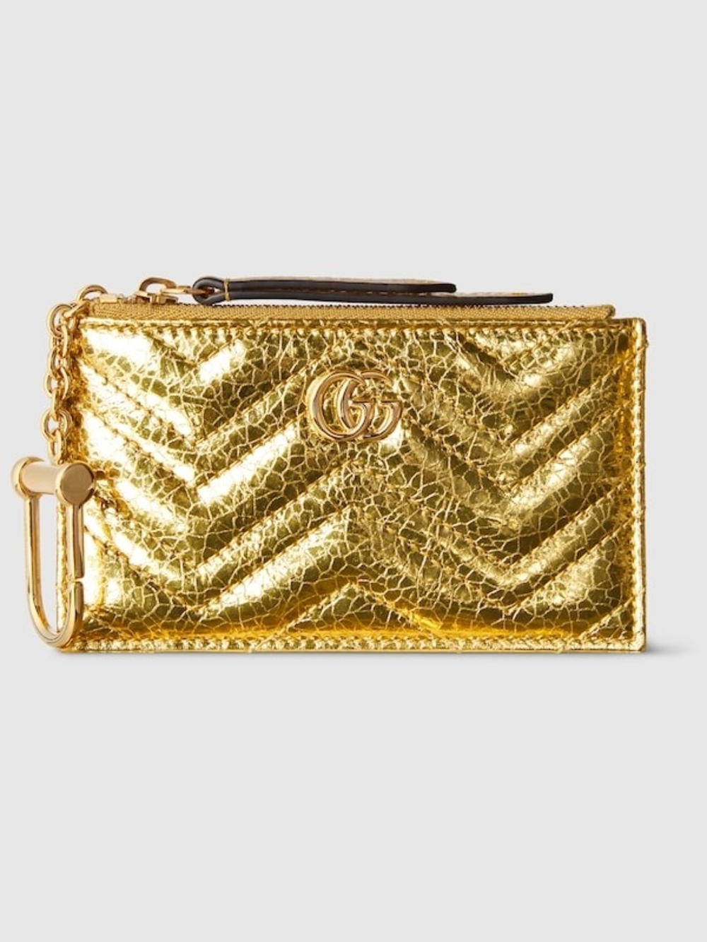 BNWT Gucci Metallic Gold Chevron Leather Card Case with Key Clip